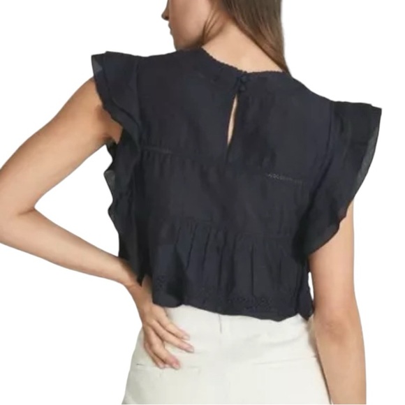 Reiss silk blend navy embroidered ruffle lightweight blouse. - Picture 2 of 16
